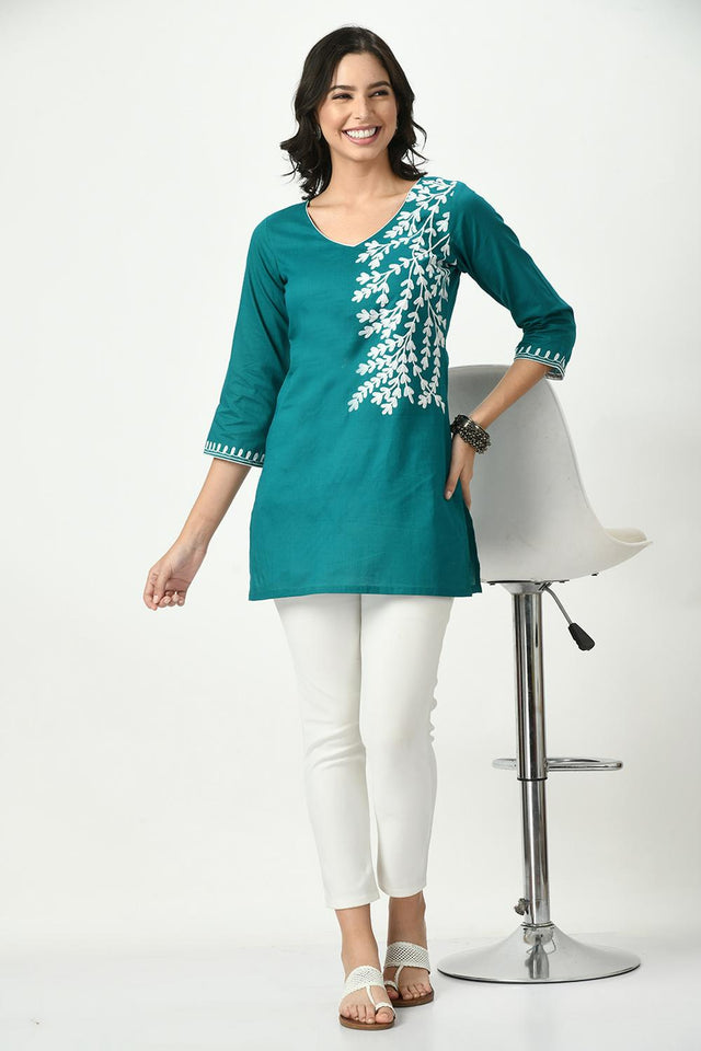 Blue Embroidered Cotton Kurti (AM-TO-2935)