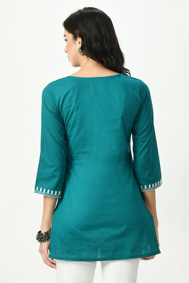 Blue Embroidered Cotton Kurti (AM-TO-2935)