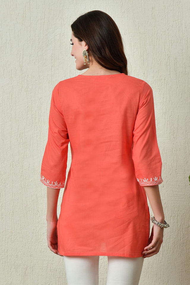 Peach Embroidered Cotton Kurti (AM-TO-2961)