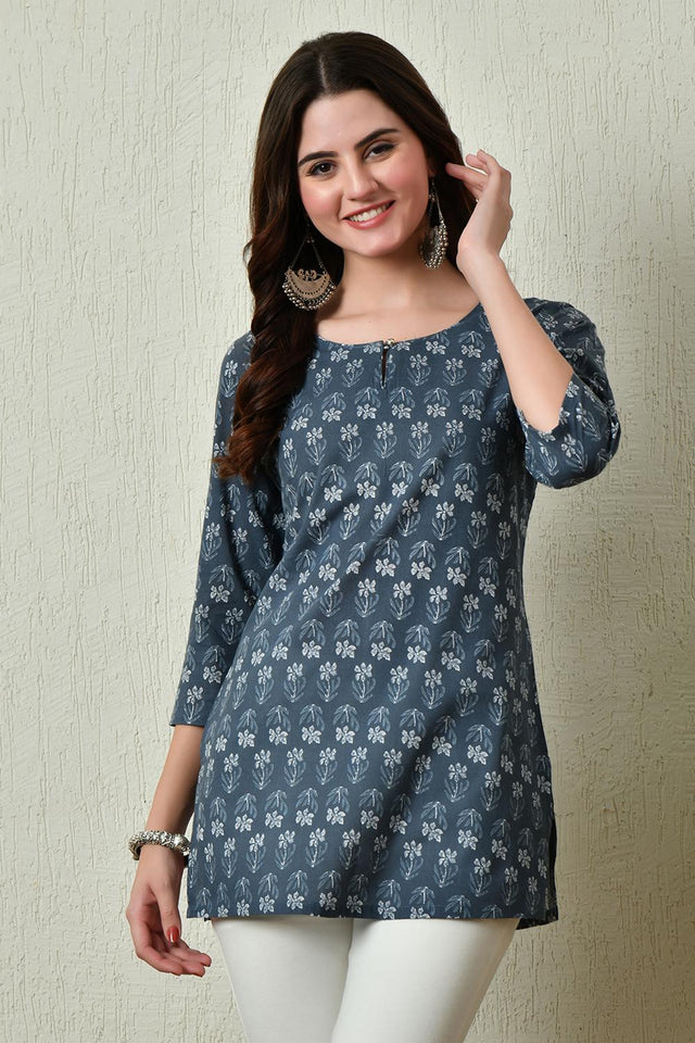 Grey Embroidered Cotton Kurti (AM-TO-2970)