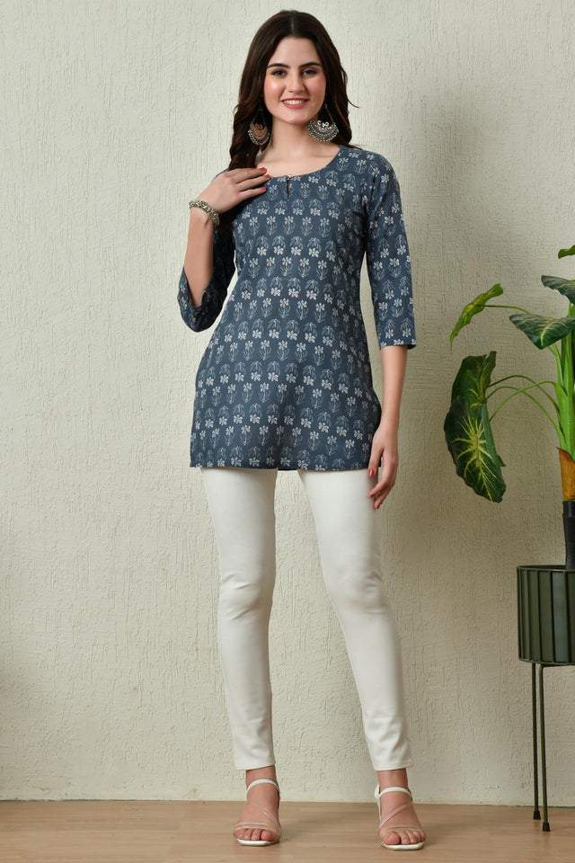 Grey Embroidered Cotton Kurti (AM-TO-2970)
