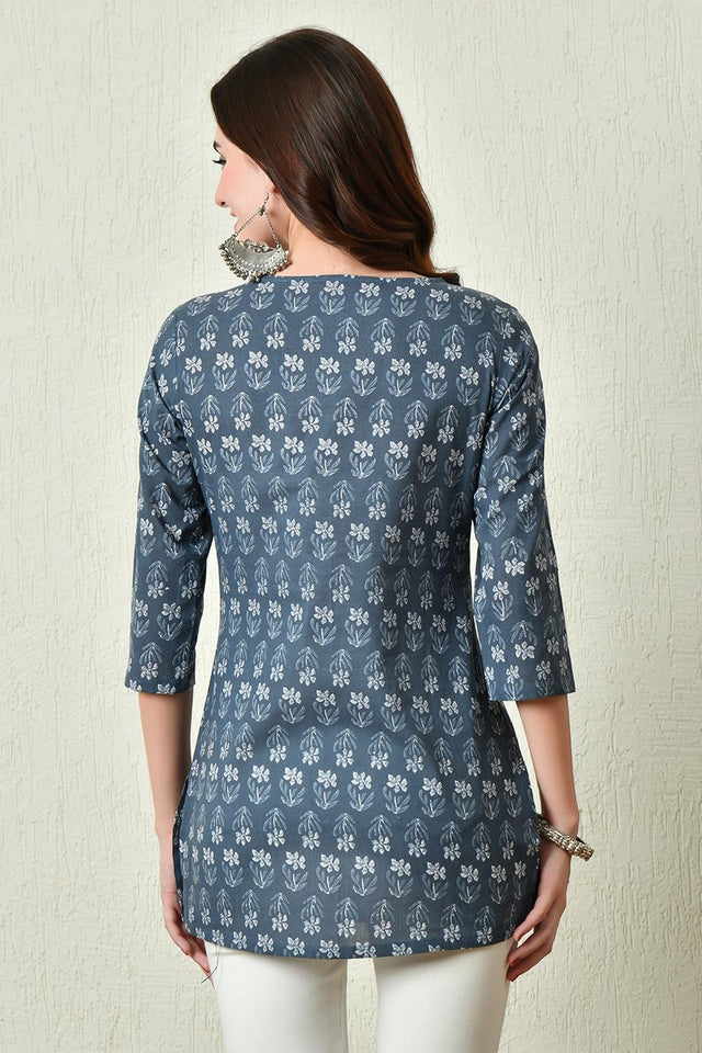 Grey Embroidered Cotton Kurti (AM-TO-2970)