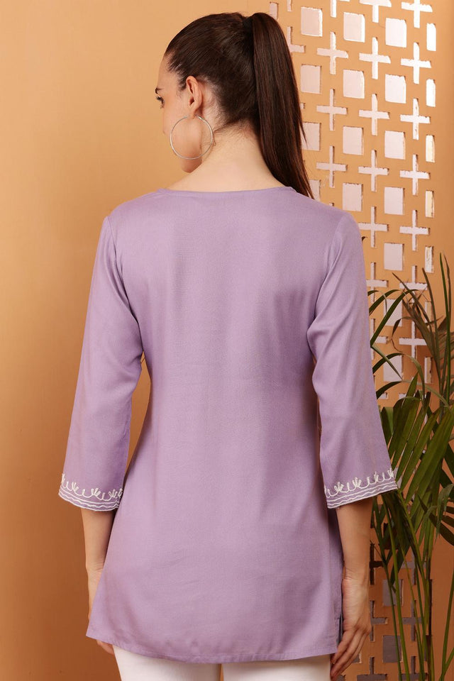 Lavender Embroidered Cotton Kurti (AM-TO-2978)