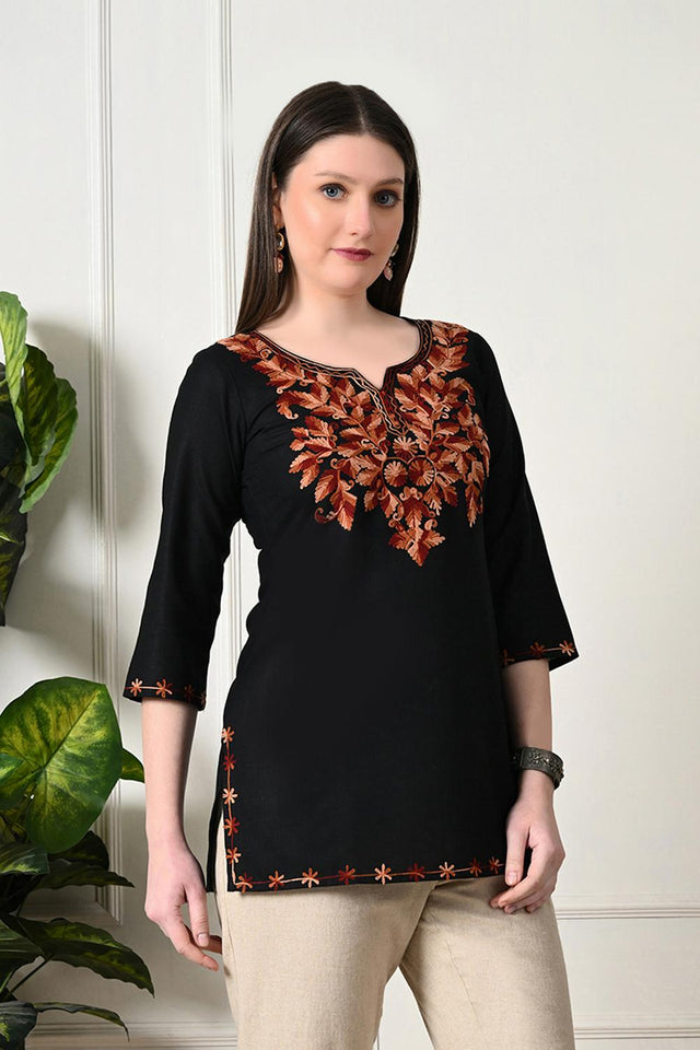Black Embroidered Cotton Kurti (AM-TO-2993)