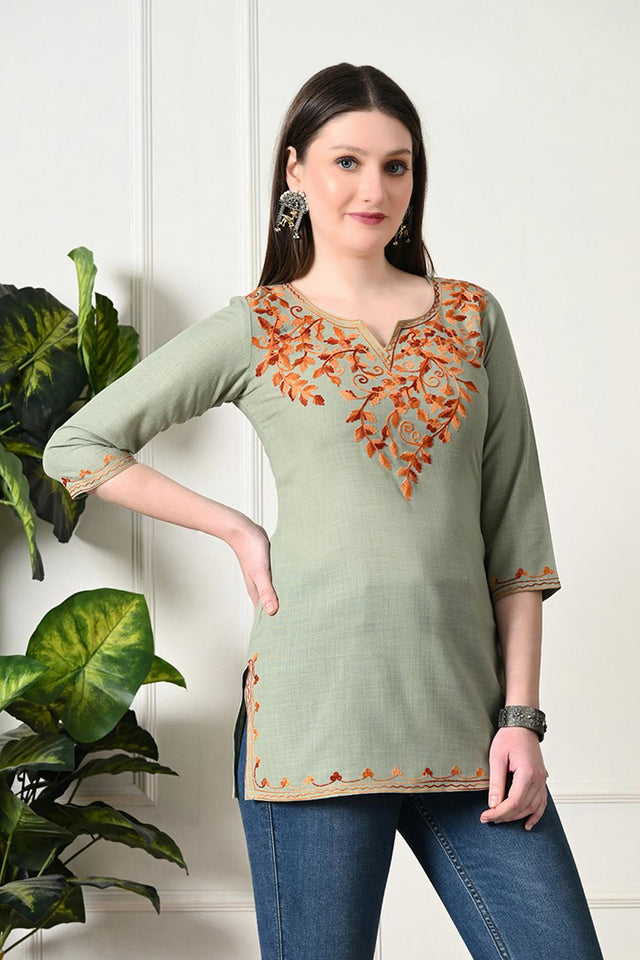 Olive Green Embroidered Cotton Kurti (AM-TO-2995)