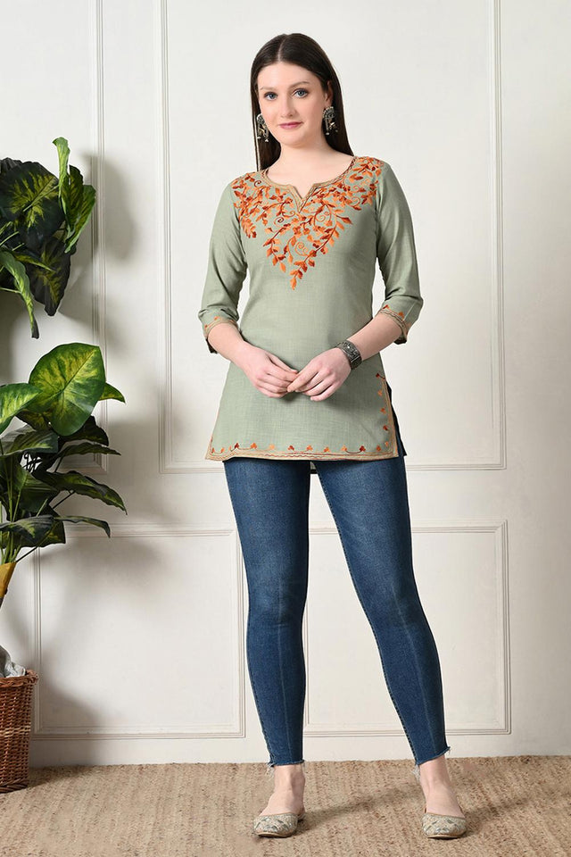 Olive Green Embroidered Cotton Kurti (AM-TO-2995)