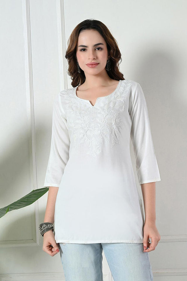 White Embroidered Cotton Kurti (AM-TO-3006)