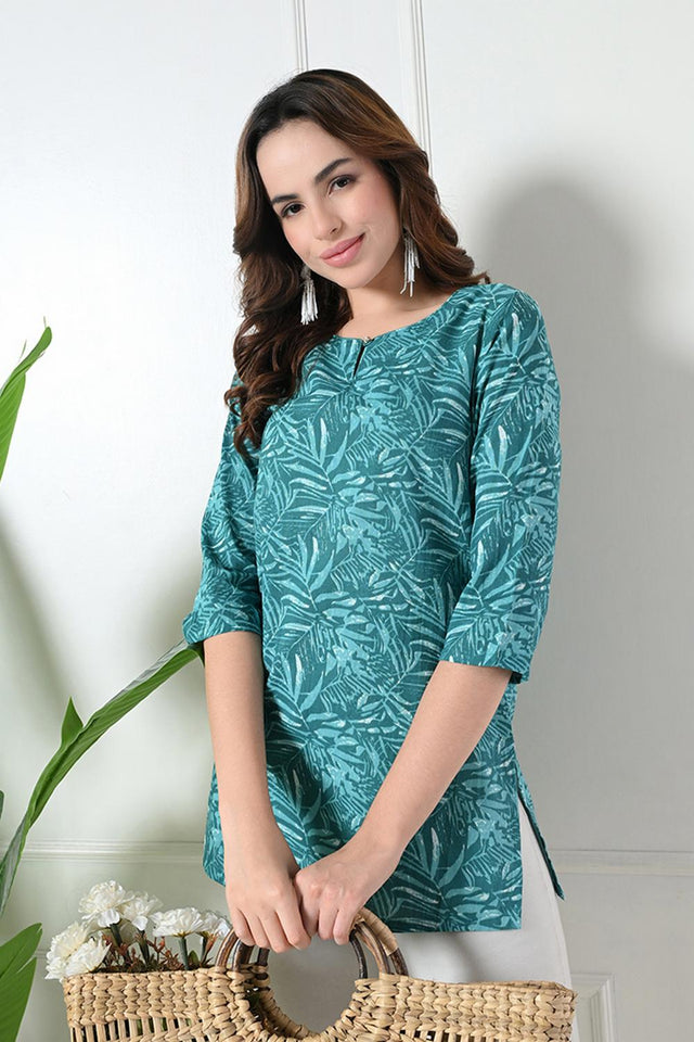 Blue Embroidered Cotton Kurti (AM-TO-3007)