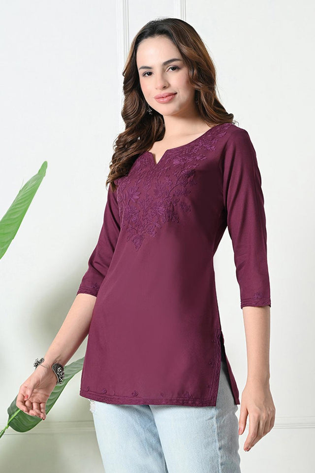 Maroon Embroidered Cotton Kurti (AM-TO-3008)