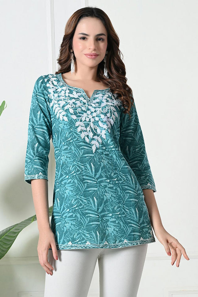 Blue Embroidered Cotton Kurti (AM-TO-3012)