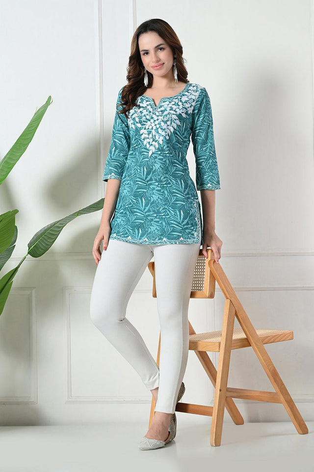 Blue Embroidered Cotton Kurti (AM-TO-3012)