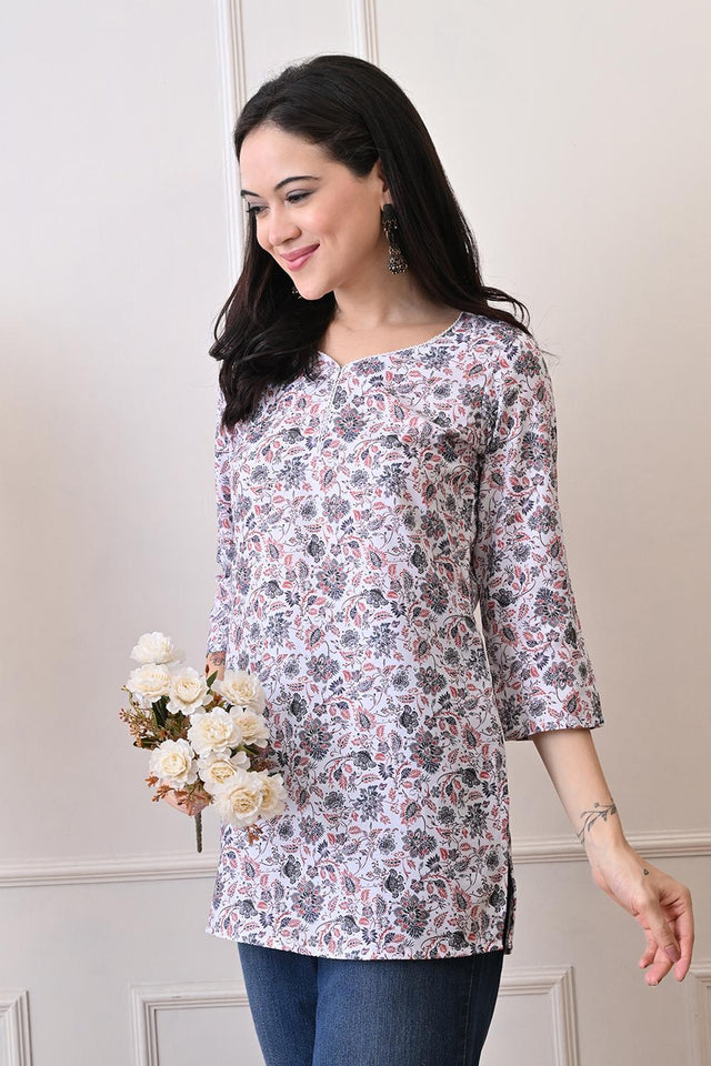 White Embroidered Cotton Kurti (AM-TO-3015)