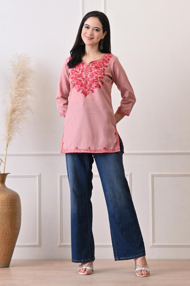 Peach Embroidered Cotton Kurti (AM-TO-3020)