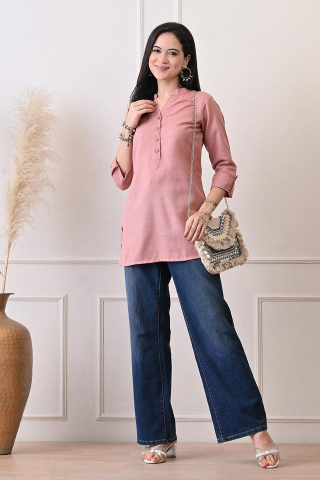 Peach Embroidered Cotton Kurti (AM-TO-3029)