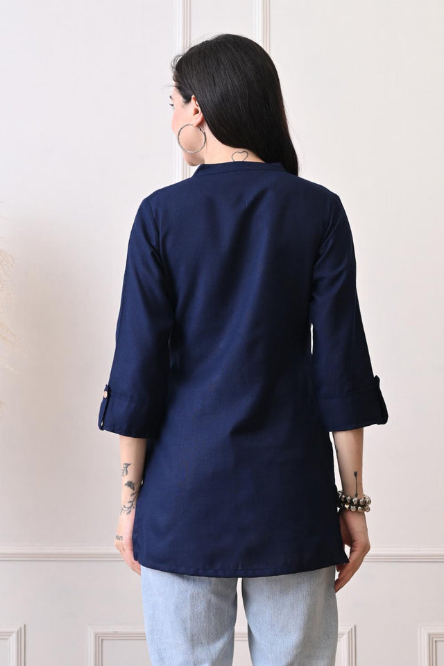 Blue Embroidered Cotton Kurti (AM-TO-3030)