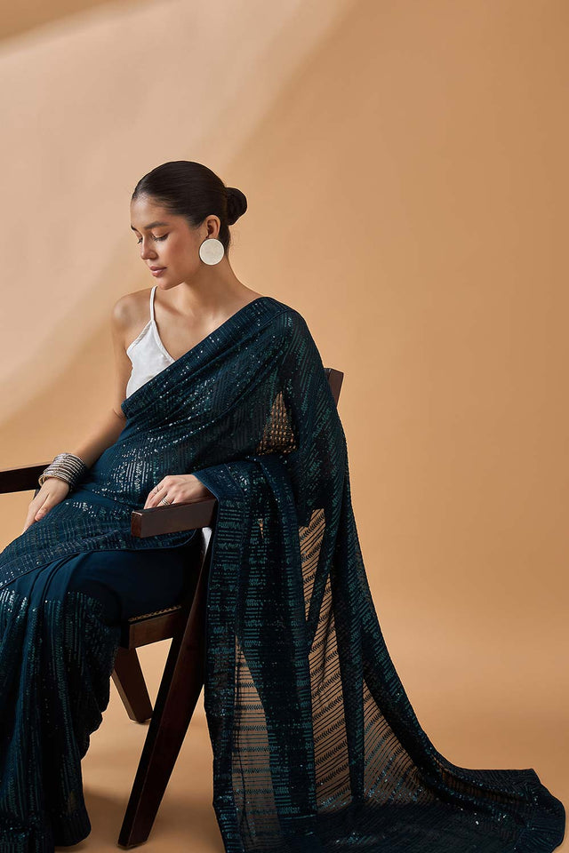 Blue Pure Georgette Woven Saree