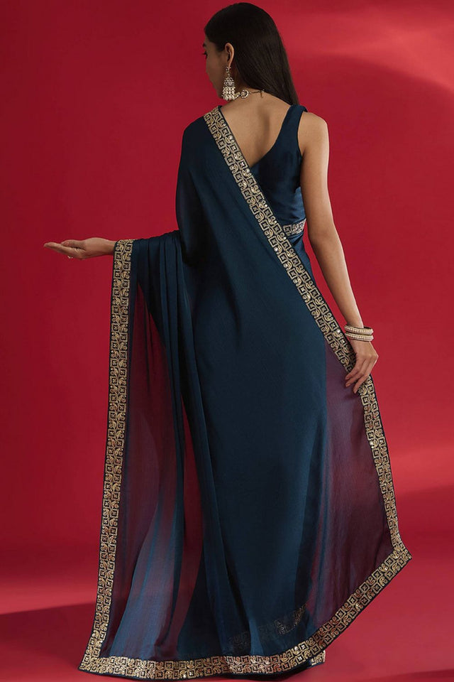 Blue Sequin with Embroidered Silk Saree (AMIRA-BLUE)