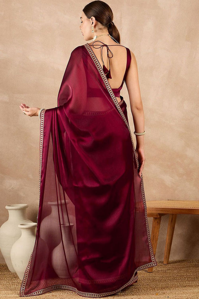 Maroon Sequin with Embroidered Silk Saree (AMISHA)