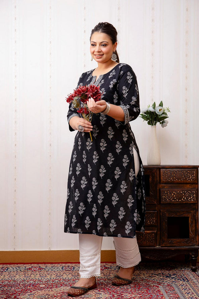 Black Printed Cotton Kurti (AMKD0141-3XL)