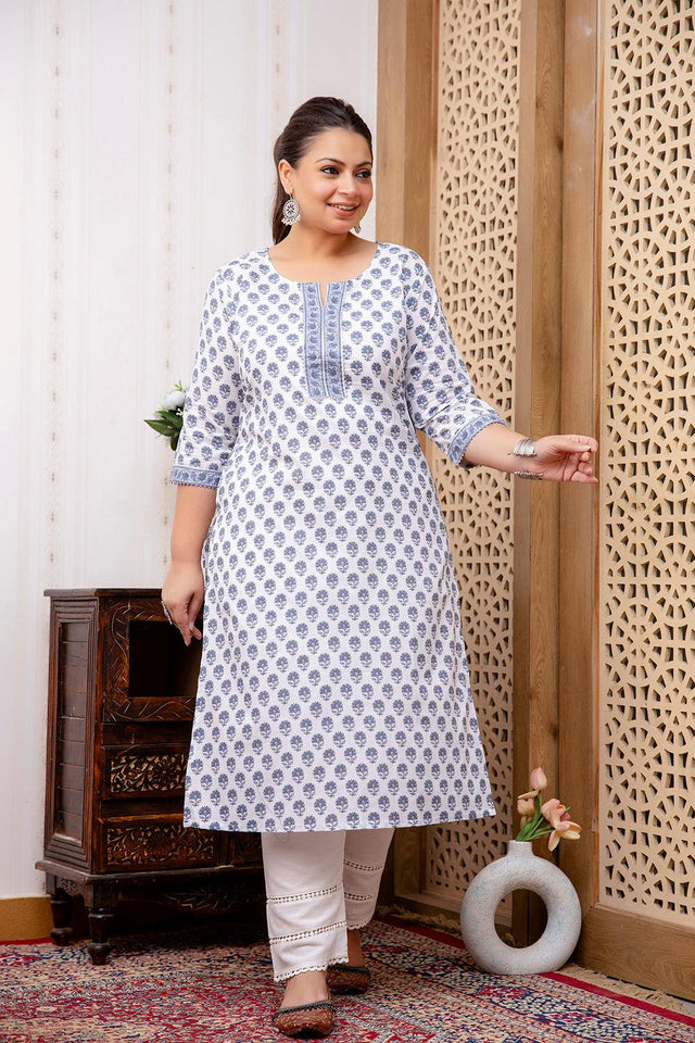 White Printed Cotton Kurti (AMKD0142-3XL)