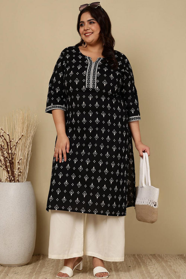 Black Printed Cotton Kurti (AMKD0144-3XL)