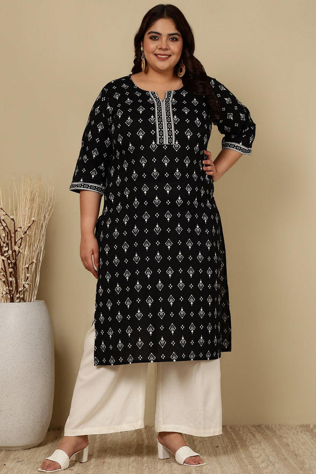 Black Printed Cotton Kurti (AMKD0144-3XL)