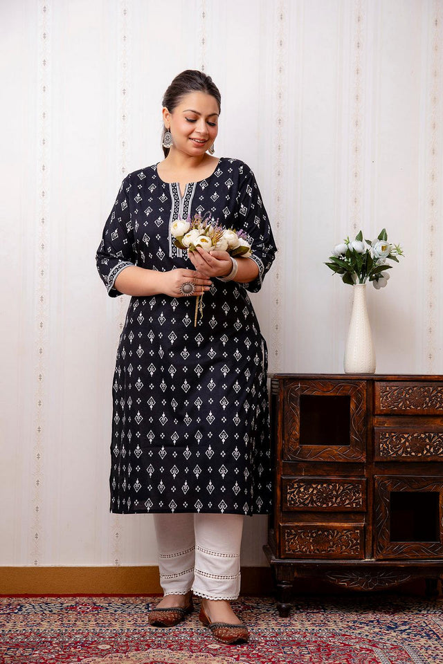 Black Printed Cotton Kurti (AMKD0144-3XL)