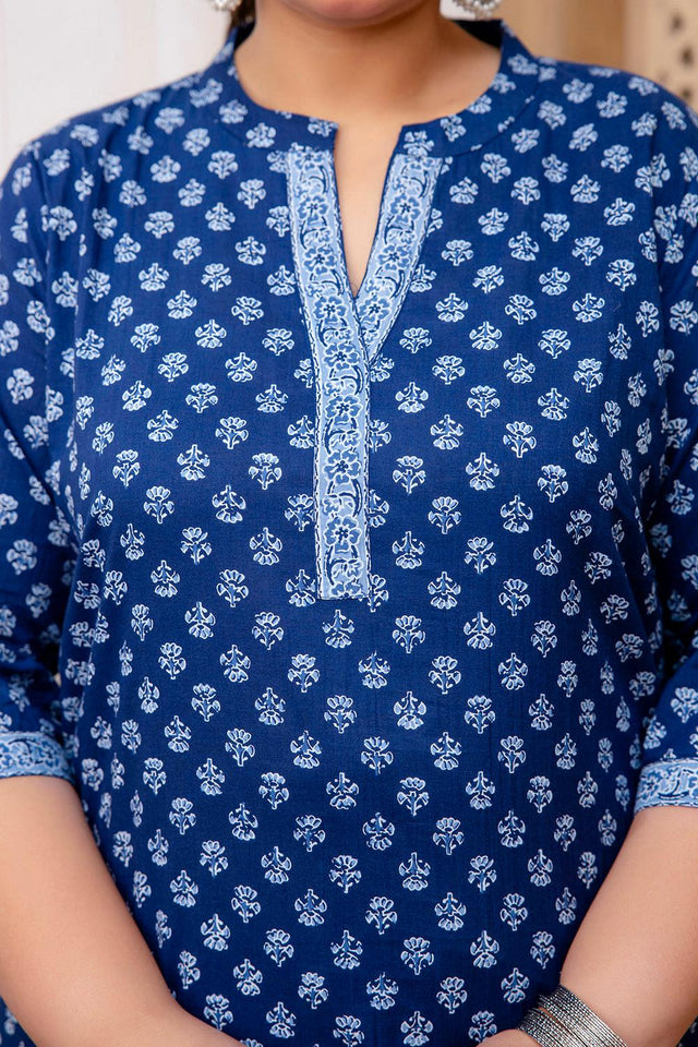 Blue Printed Cotton Kurti (AMKD0145-4XL)