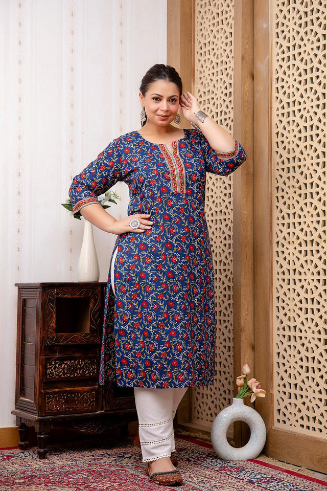 Blue Printed Cotton Kurti (AMKD0146-3XL)