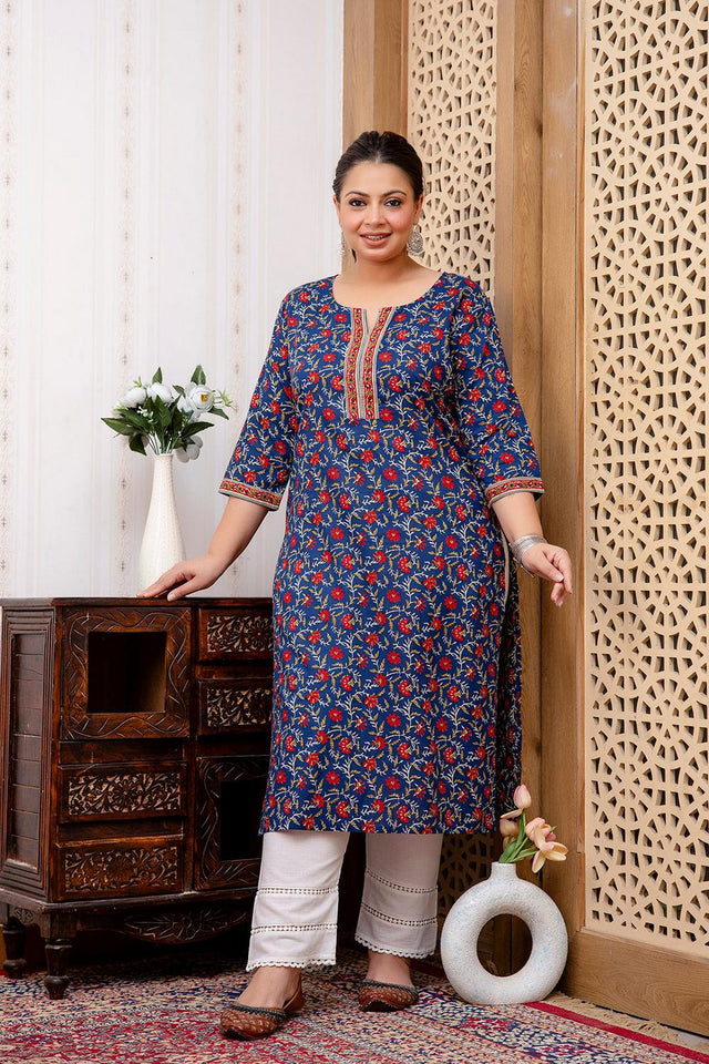 Blue Printed Cotton Kurti (AMKD0146-3XL)