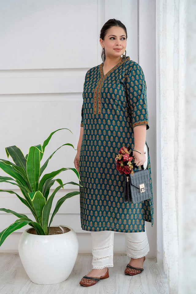 Green Printed Cotton Kurti (AMKD0148-3XL)