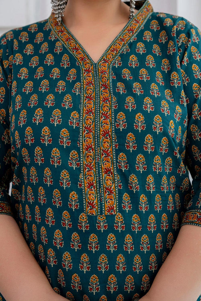 Green Printed Cotton Kurti (AMKD0148-3XL)