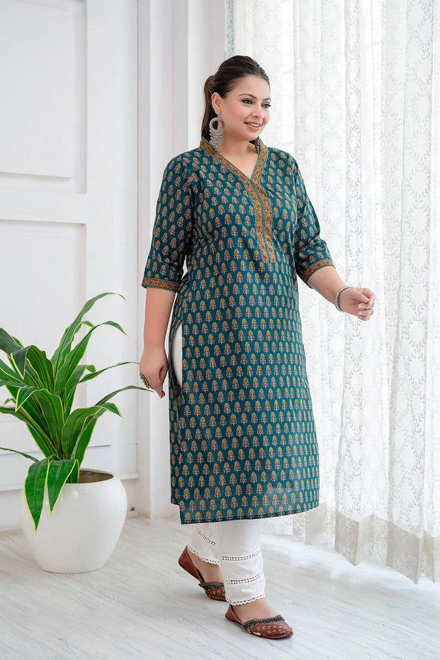 Green Printed Cotton Kurti (AMKD0148-3XL)