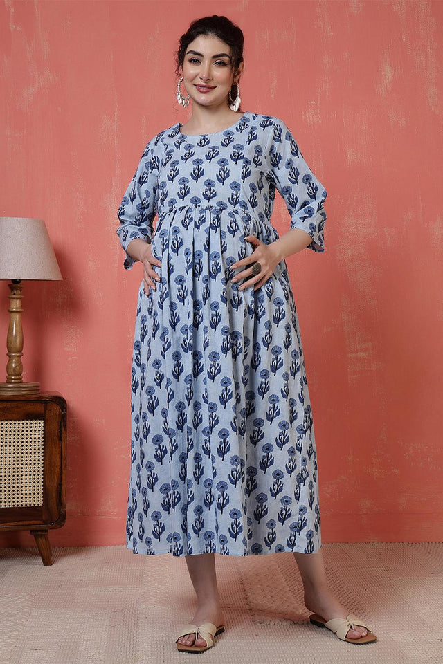 Blue Printed Cotton Dress (AMND0138)