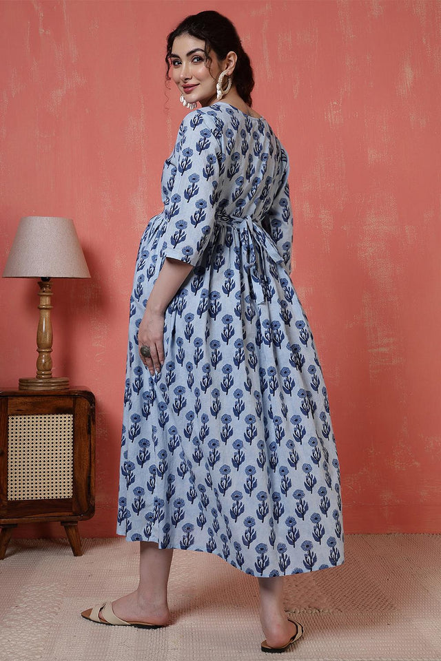 Blue Printed Cotton Dress (AMND0138)