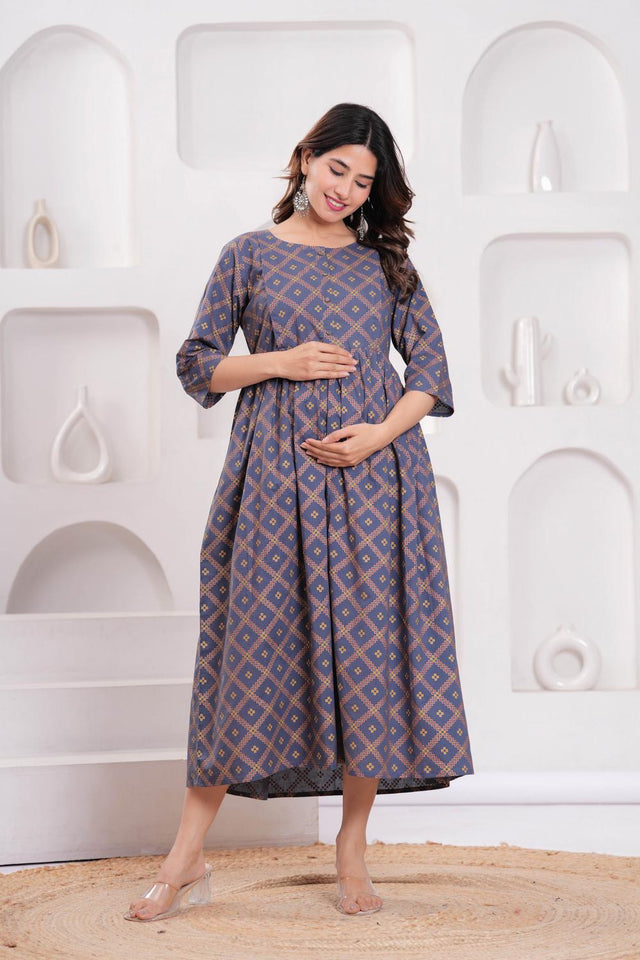 Grey Printed Cotton Dress (AMND0176)