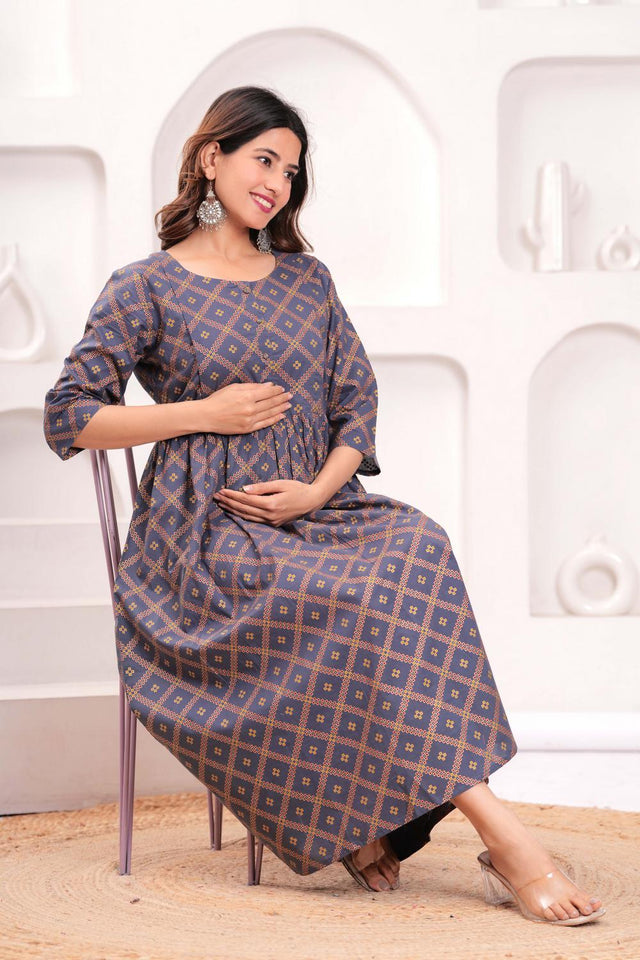 Grey Printed Cotton Dress (AMND0176)