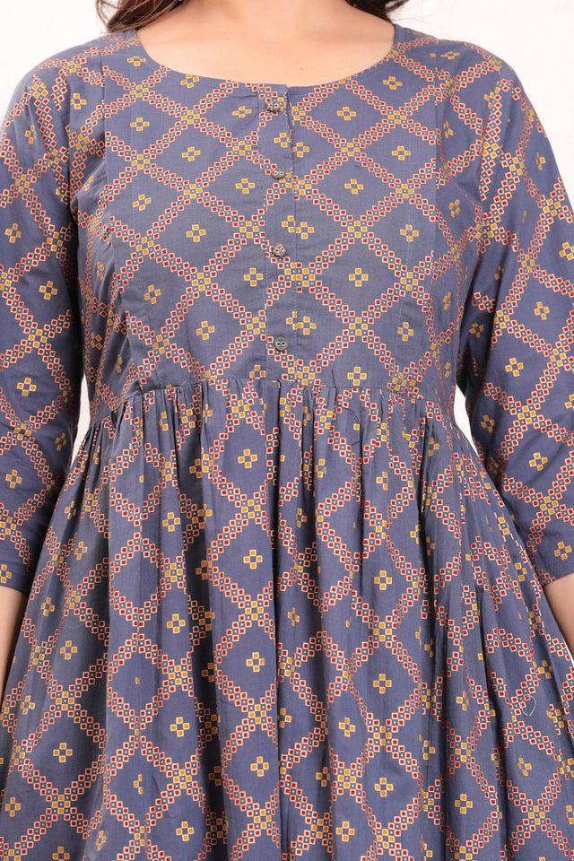 Grey Printed Cotton Dress (AMND0176)