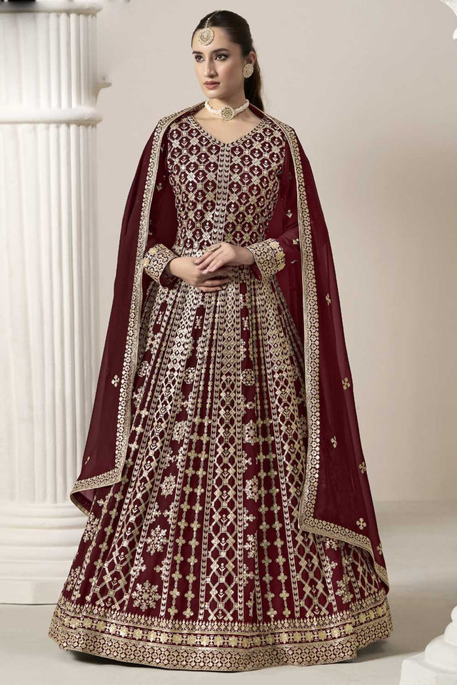 Maroon Embroidered Net Gown (ANAYA VOL-206-d)