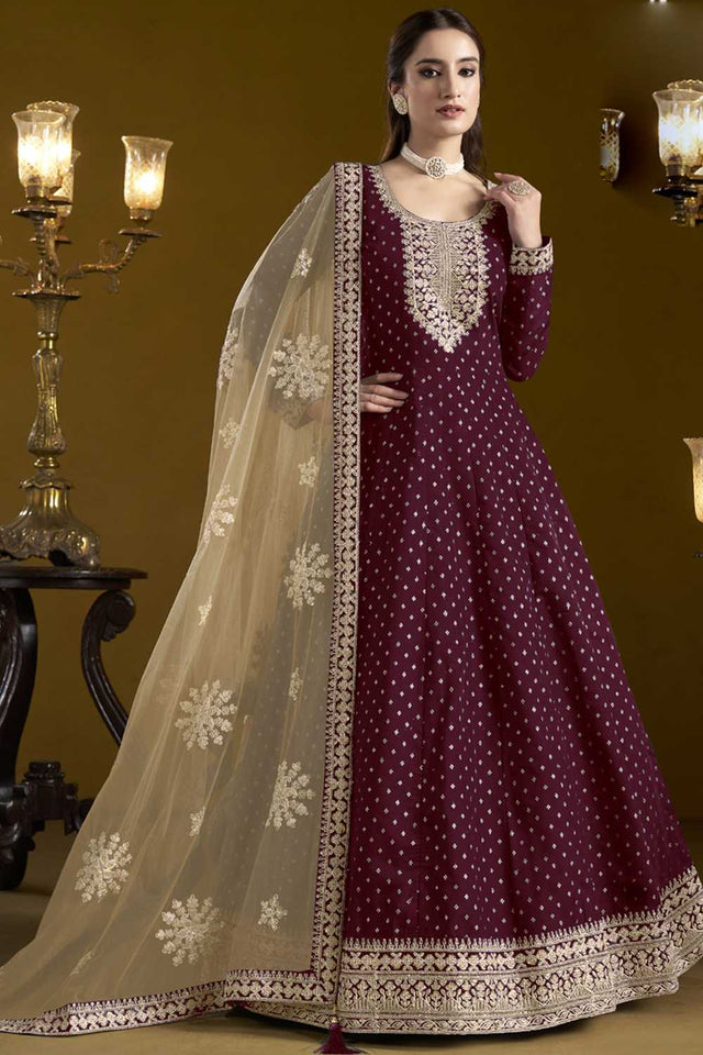 Wine Embroidered Silk Gown (ANAYA VOL-207-b)