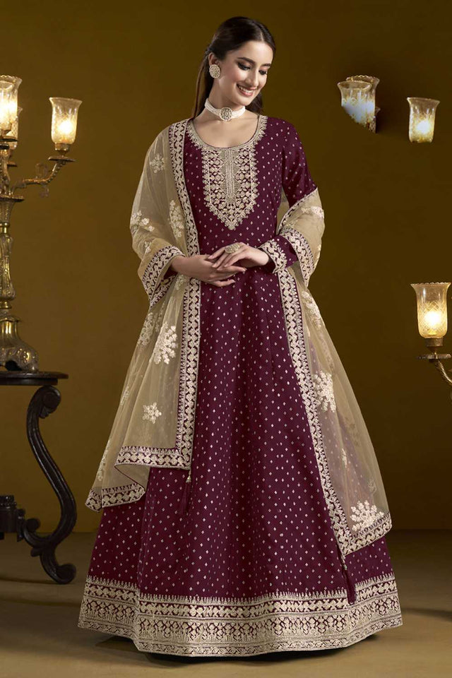 Wine Embroidered Silk Gown (ANAYA VOL-207-b)