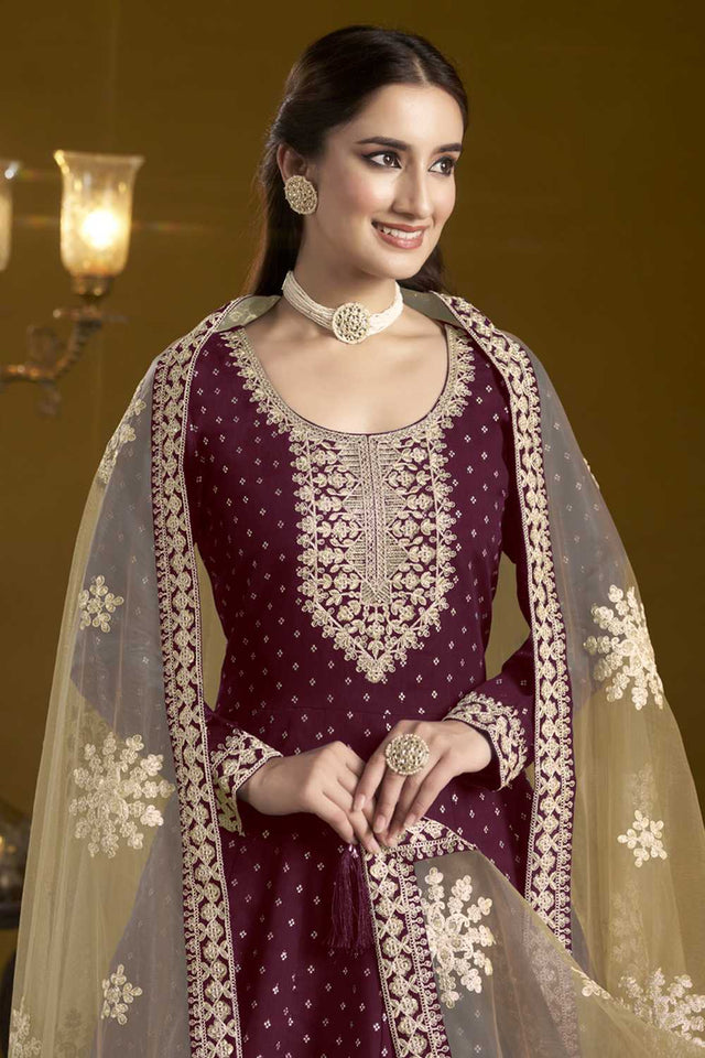 Wine Embroidered Silk Gown (ANAYA VOL-207-b)