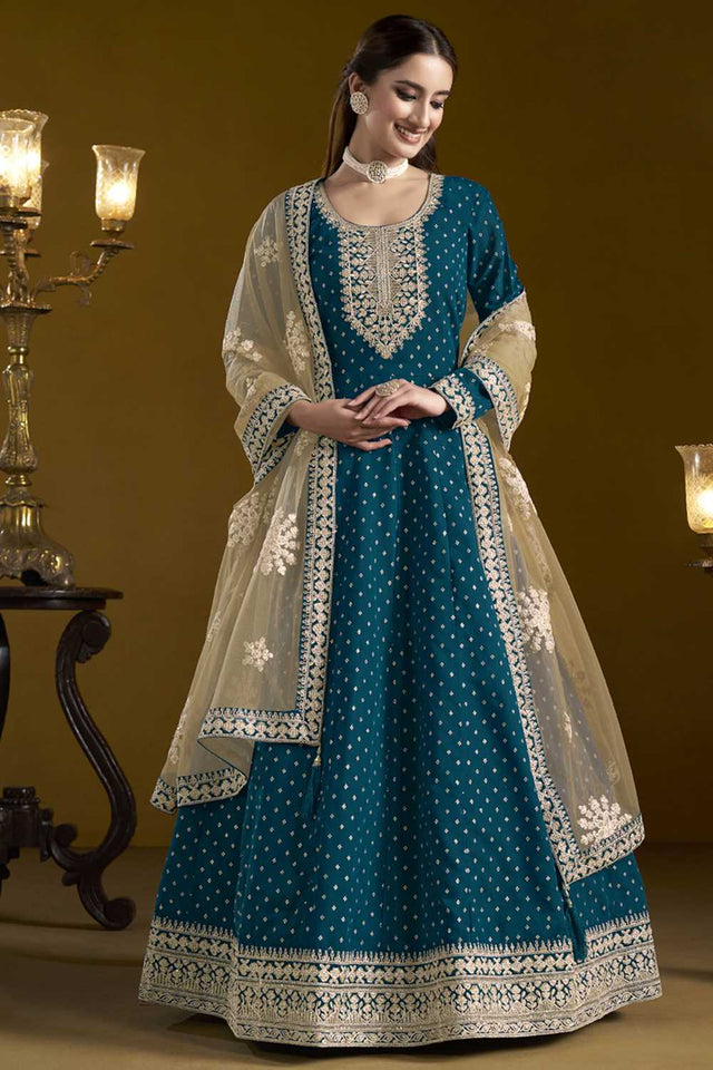 Royal-Blue Embroidered Silk Gown (ANAYA VOL-207-c)