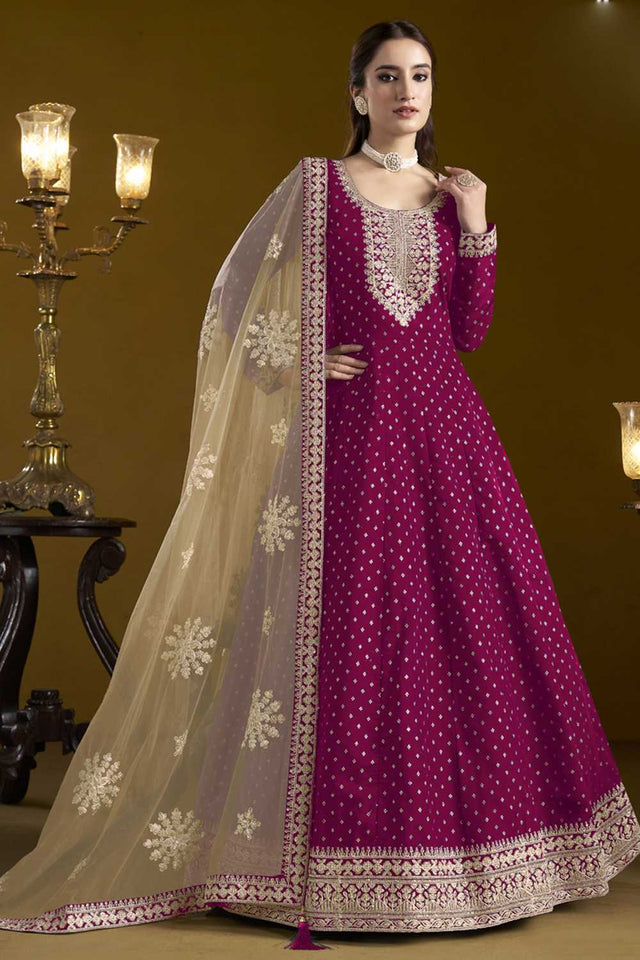 Dark-Pink Embroidered Silk Gown (ANAYA VOL-207-d)