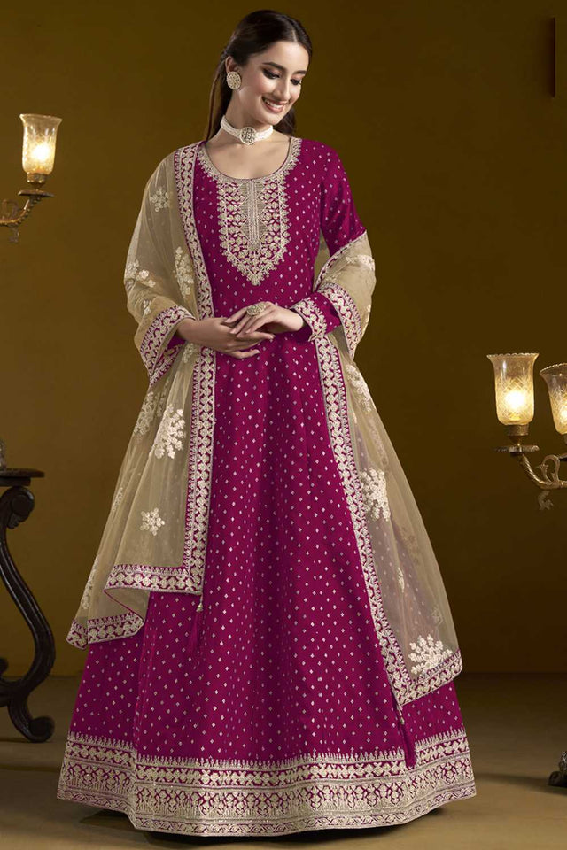 Dark-Pink Embroidered Silk Gown (ANAYA VOL-207-d)