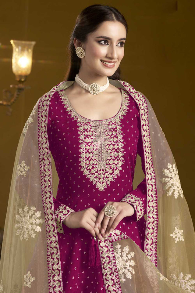 Dark-Pink Embroidered Silk Gown (ANAYA VOL-207-d)