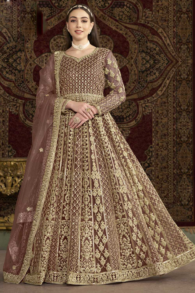 Brown Sequin with Embroidered Net Gown (ANAYA VOL-209-d)