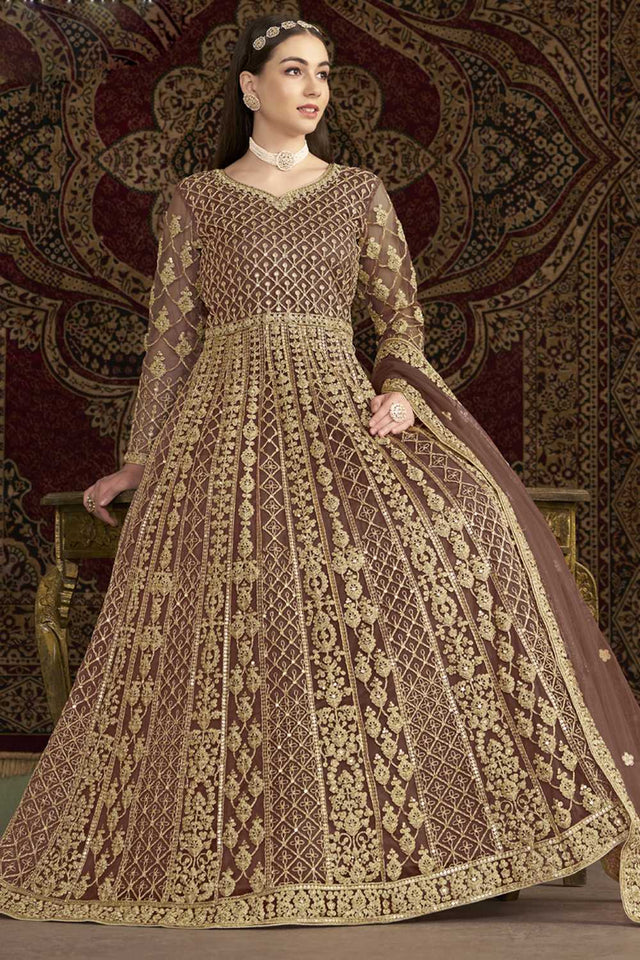 Brown Sequin with Embroidered Net Gown (ANAYA VOL-209-d)