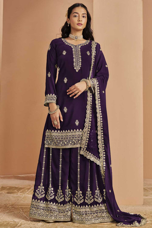 Violet Embroidered Georgette Sharara Suit Set (ANAYA VOL-211-b)