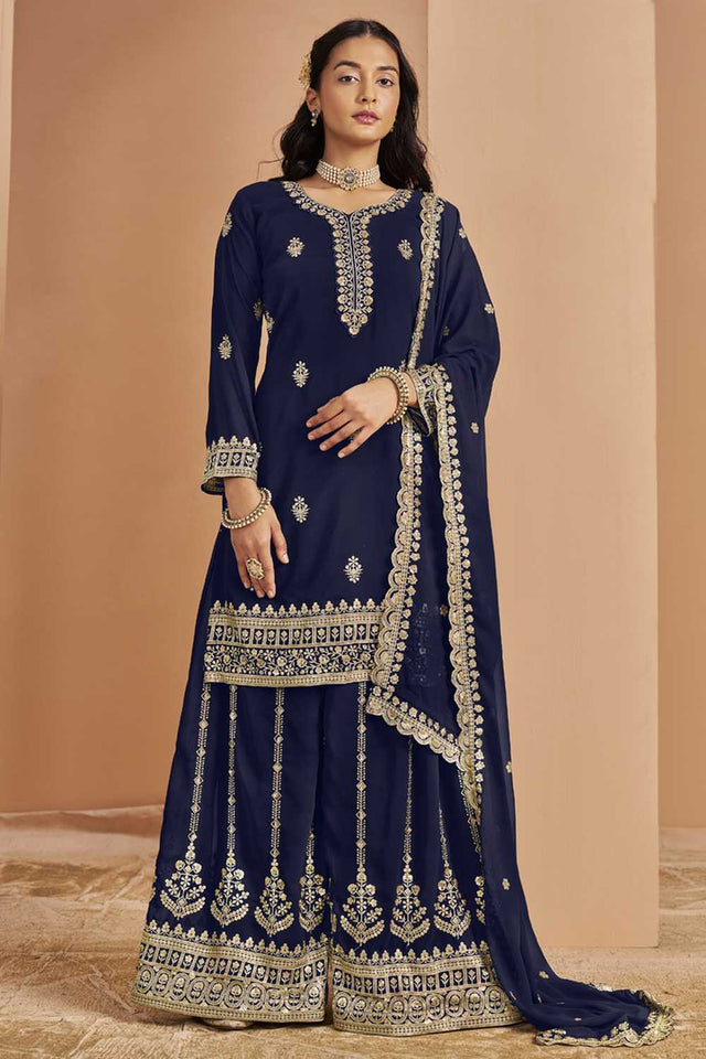 Navy-Blue Embroidered Georgette Sharara Suit Set (ANAYA VOL-211-c)